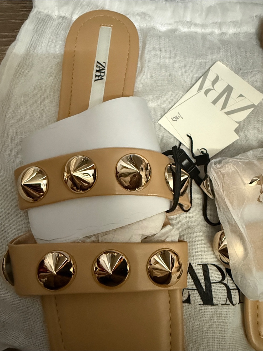Zara Tan Slide Sandals with Gold Studs - Picture 2 of 3
